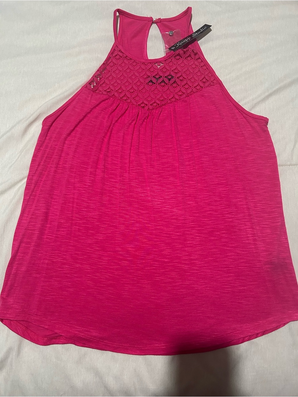 Women's Hot Pink Crochet Yoke Halter Tank Top